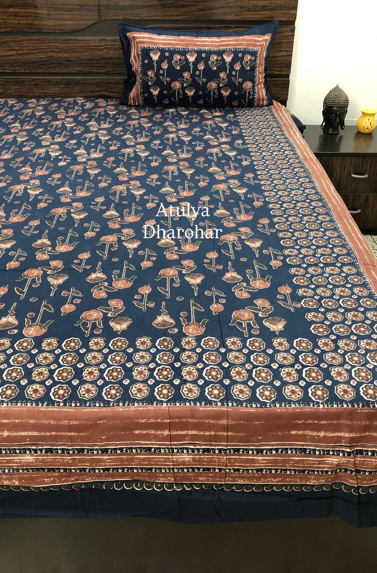 Navy Blue Floral Motifs Cotton Super King Bedsheet