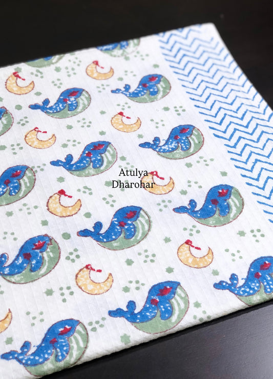 Blue Dolphins Waffle Cotton Hand Block Printed Kids Towel