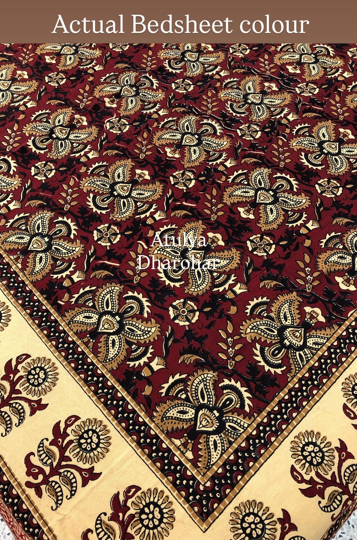 Dark Maroon and Black Cotton Kalamkari Super King Bedsheet