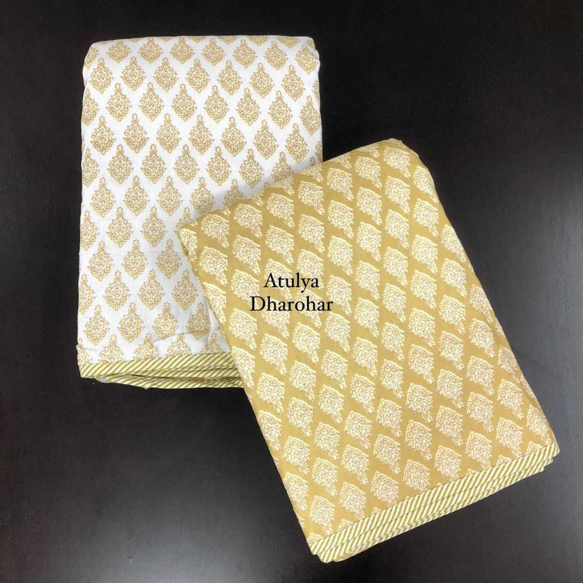 Mustard Butti Mulmul Single Dohar Pair with Super King Bedsheet Set