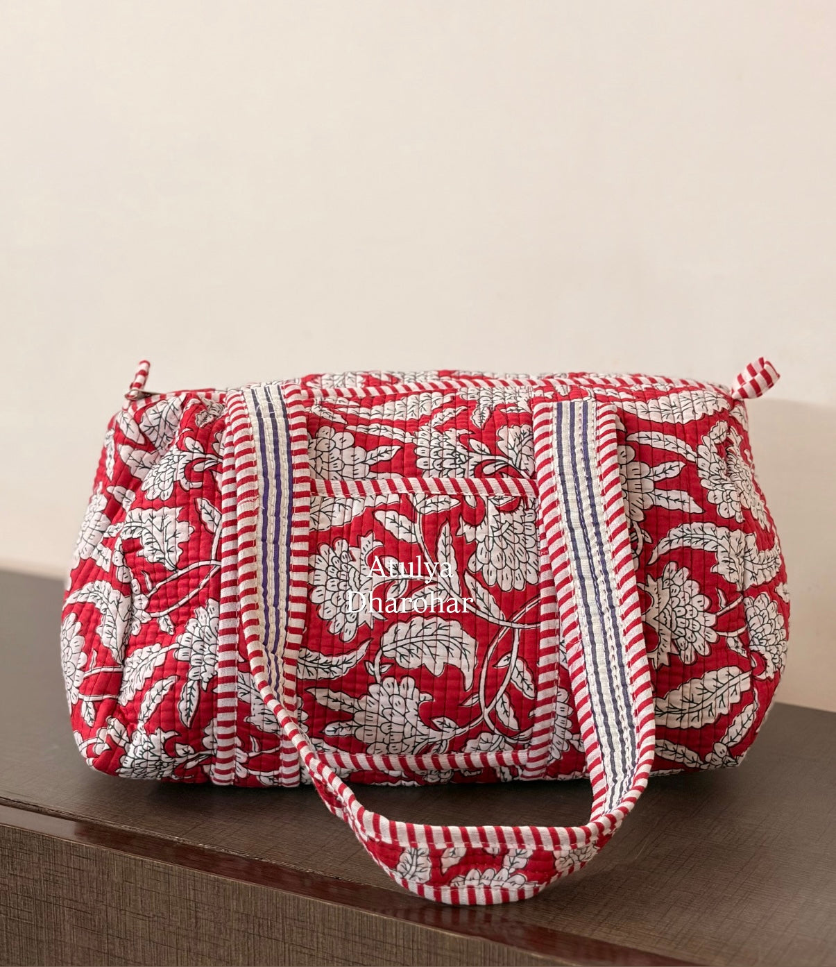 Red Floral Quilted Mini Duffle Bag