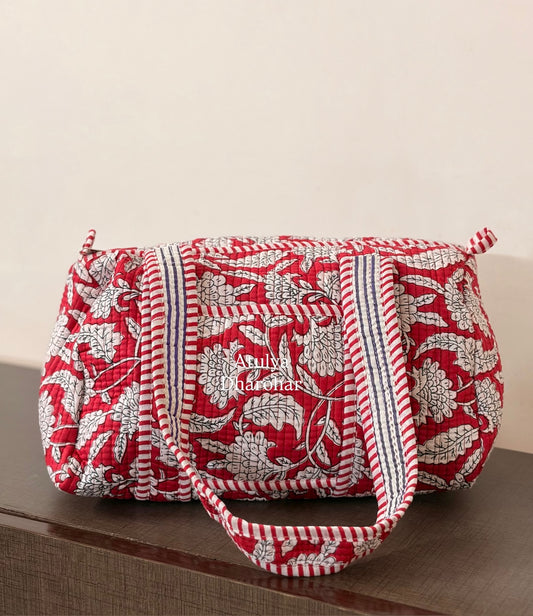 Red Floral Quilted Mini Duffle Bag