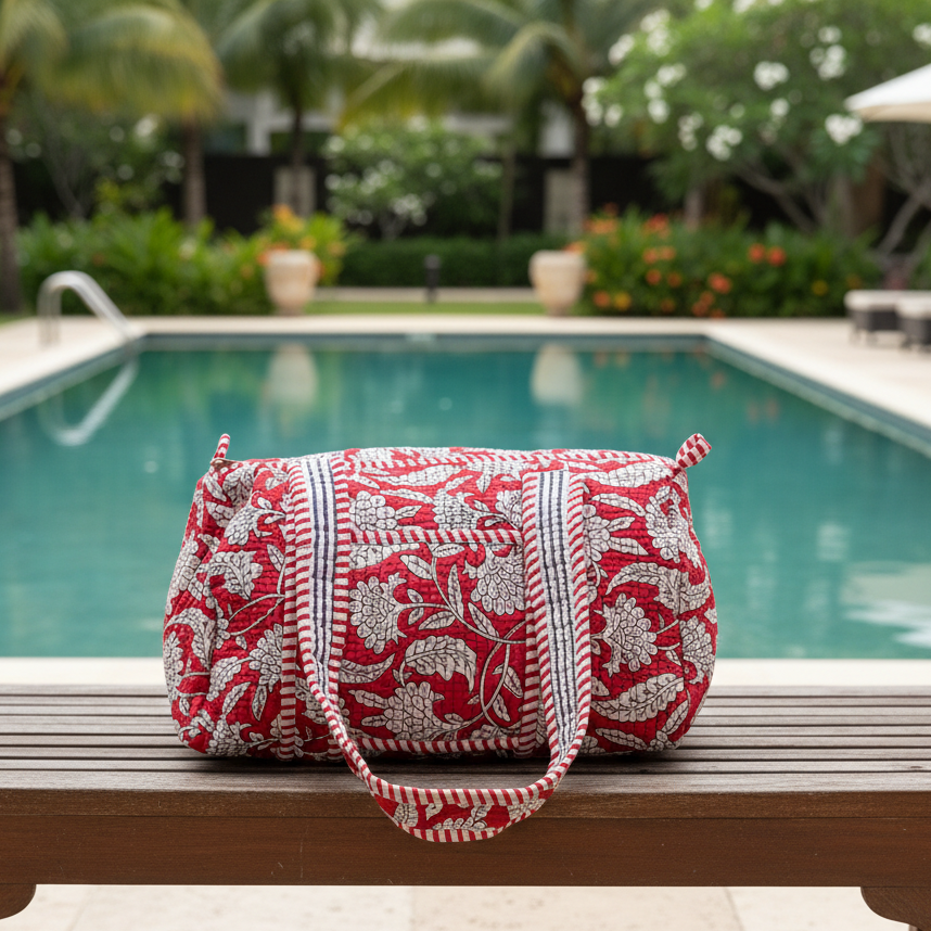 Red Floral Quilted Mini Duffle Bag