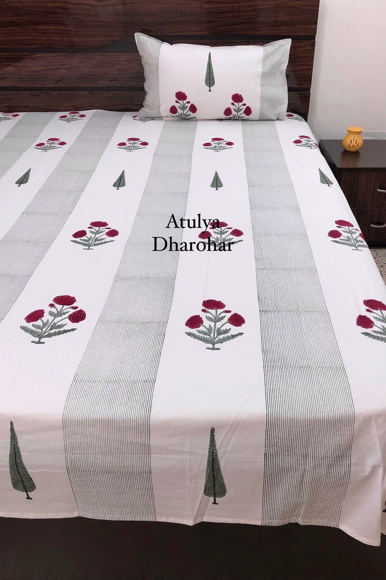 Pinkish Red Marigold with Pine Tree Motifs Hand Block Printed Super King Bedsheet