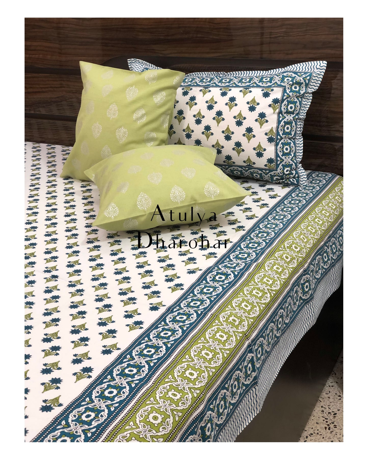 Blue and Green Floral Motifs Bedsheet