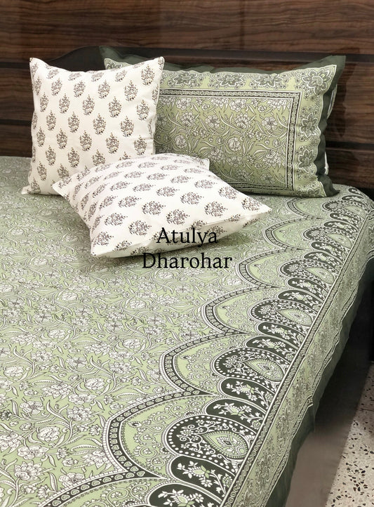 Green Floral Jaal Cotton King Size Bedsheet