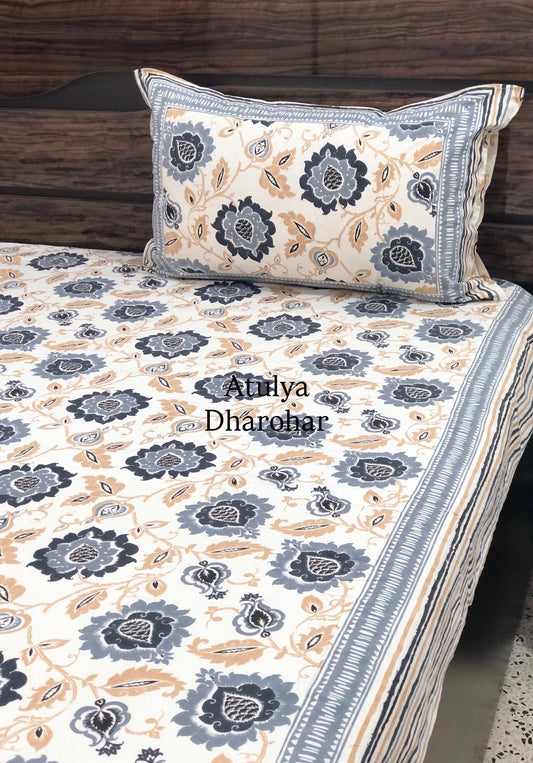 Blue Floral Jaal Cotton King Size Bedsheet