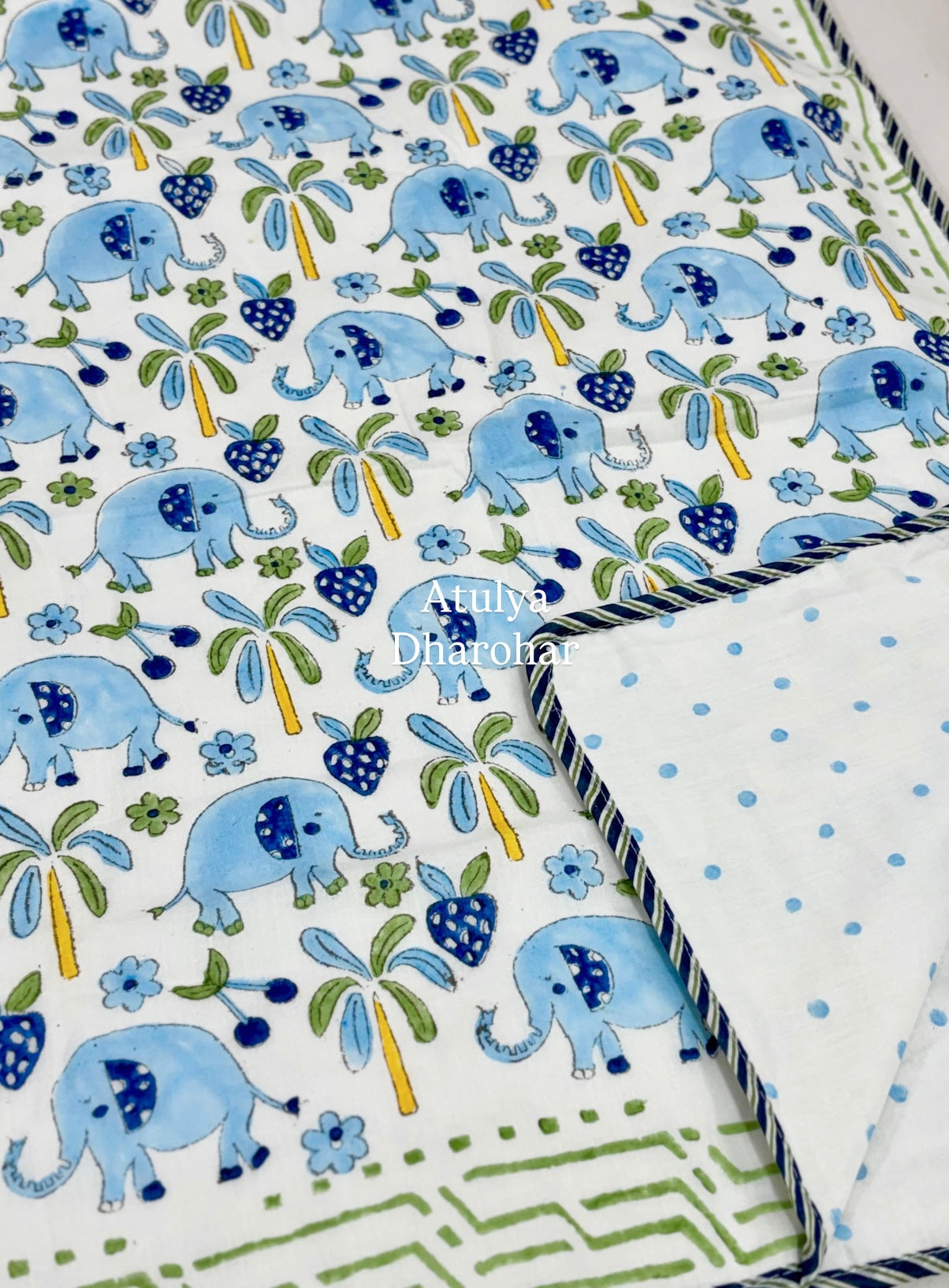 Blue Elephant Hand Block Printed Mulmul Baby Dohar