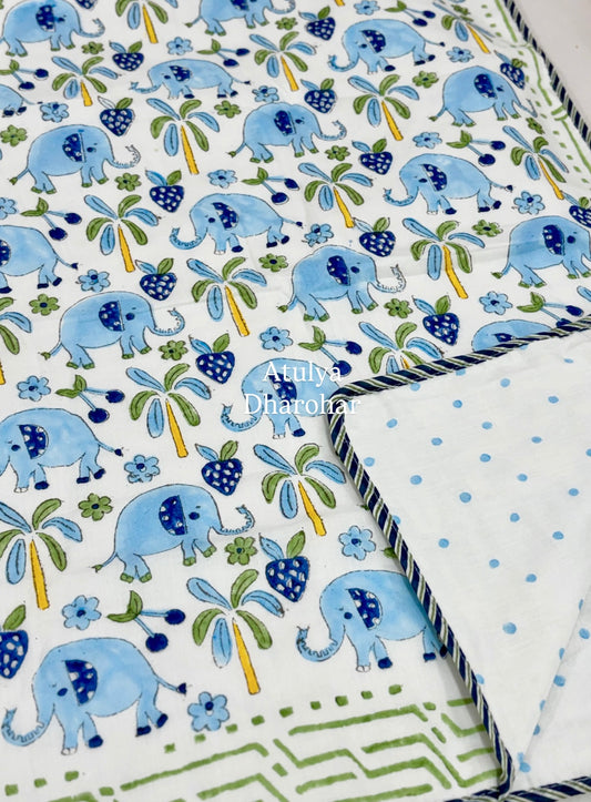 Blue Elephant Hand Block Printed Mulmul Baby Dohar