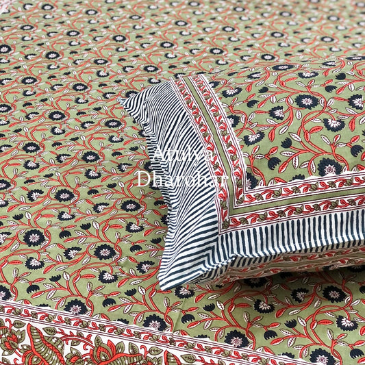 Green Floral Jaal Cotton Single Bedsheet