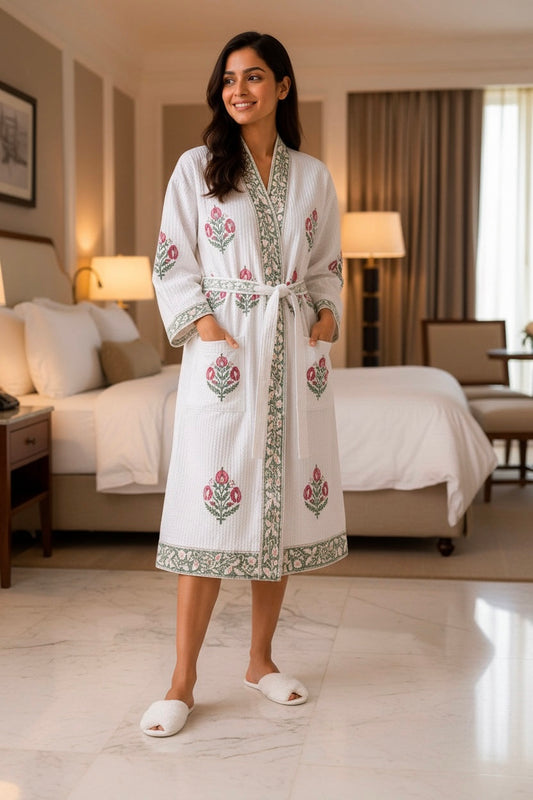 Magenta Pink and Green Floral Hand Block Printed Waffle Cotton Bathrobe