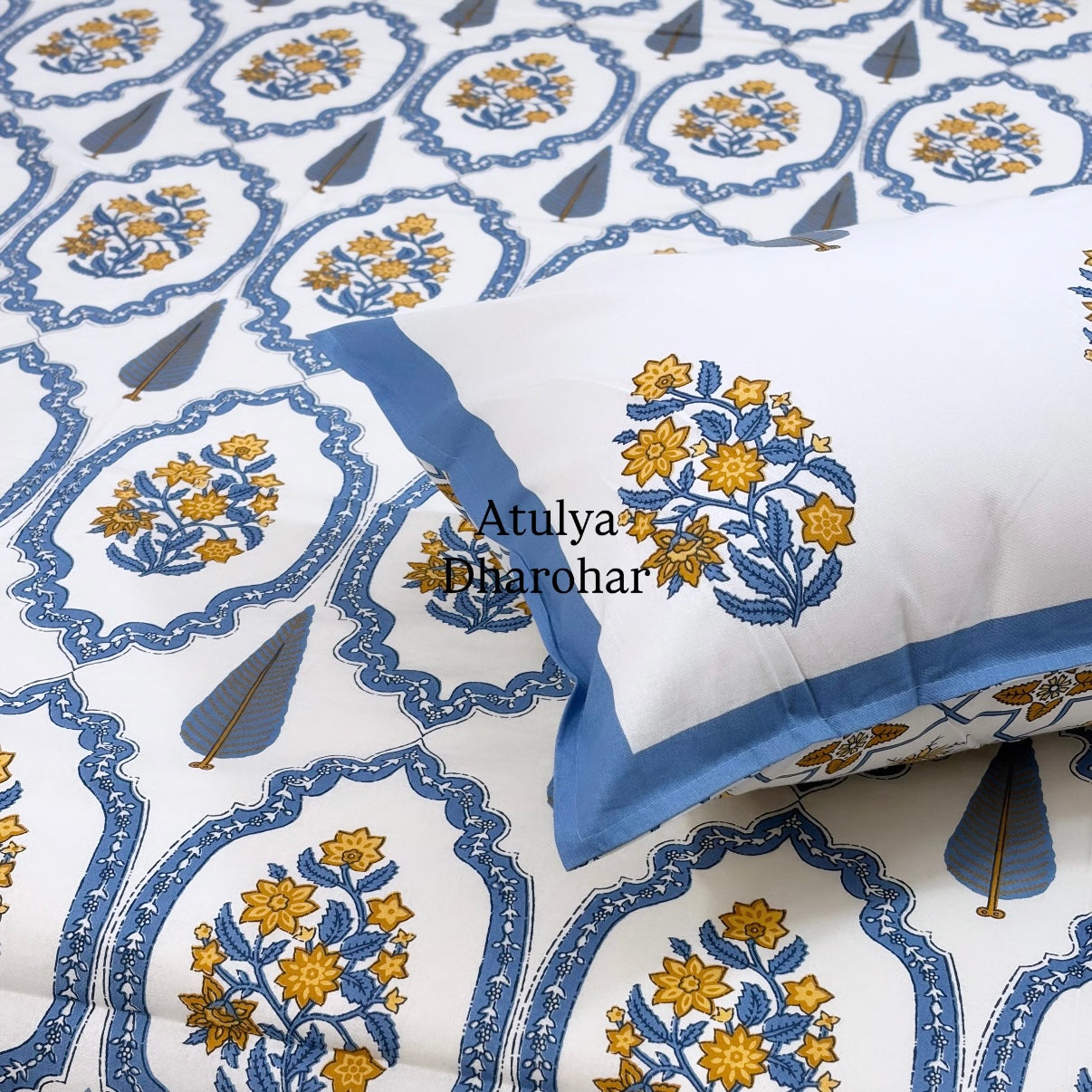 Blue and Yellow Floral Mughal Jaal Cotton Super King Bedsheet