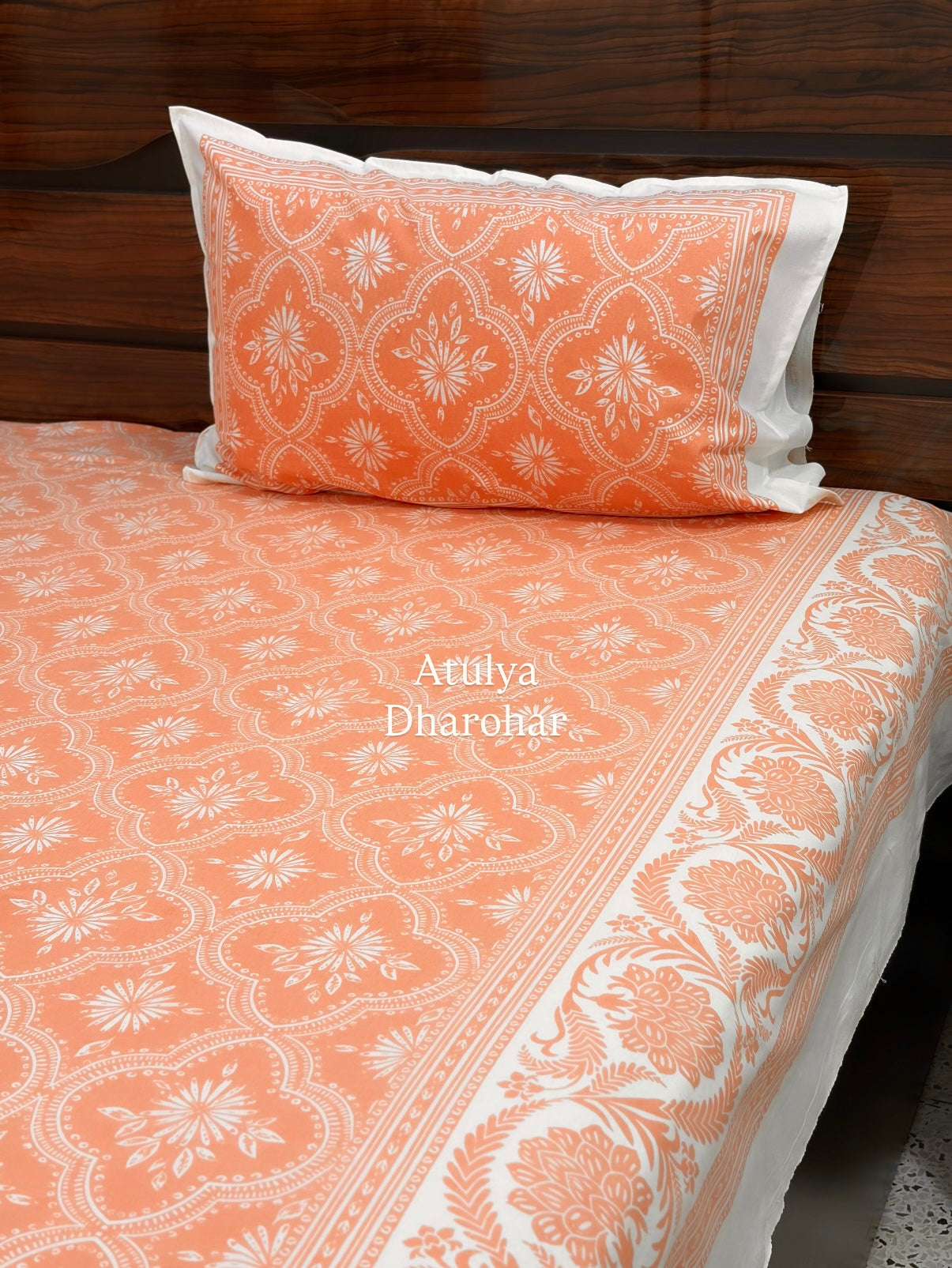 Orange Mughal Jaal Cotton Super King Bedsheet