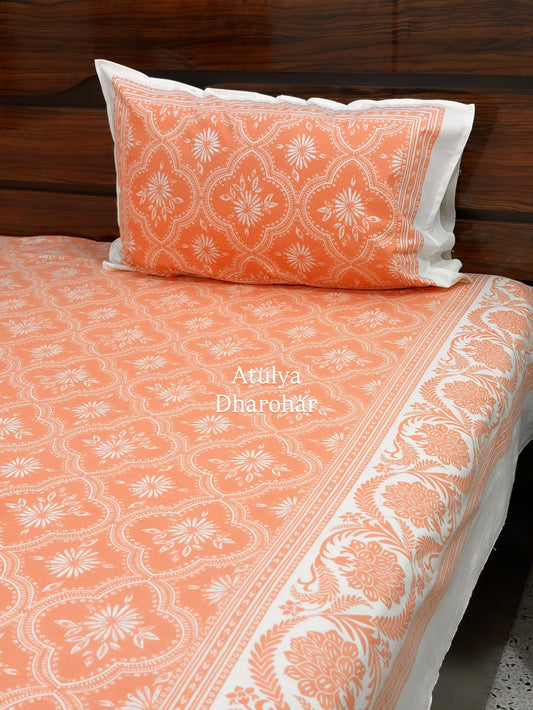 Orange Mughal Jaal Cotton Super King Bedsheet