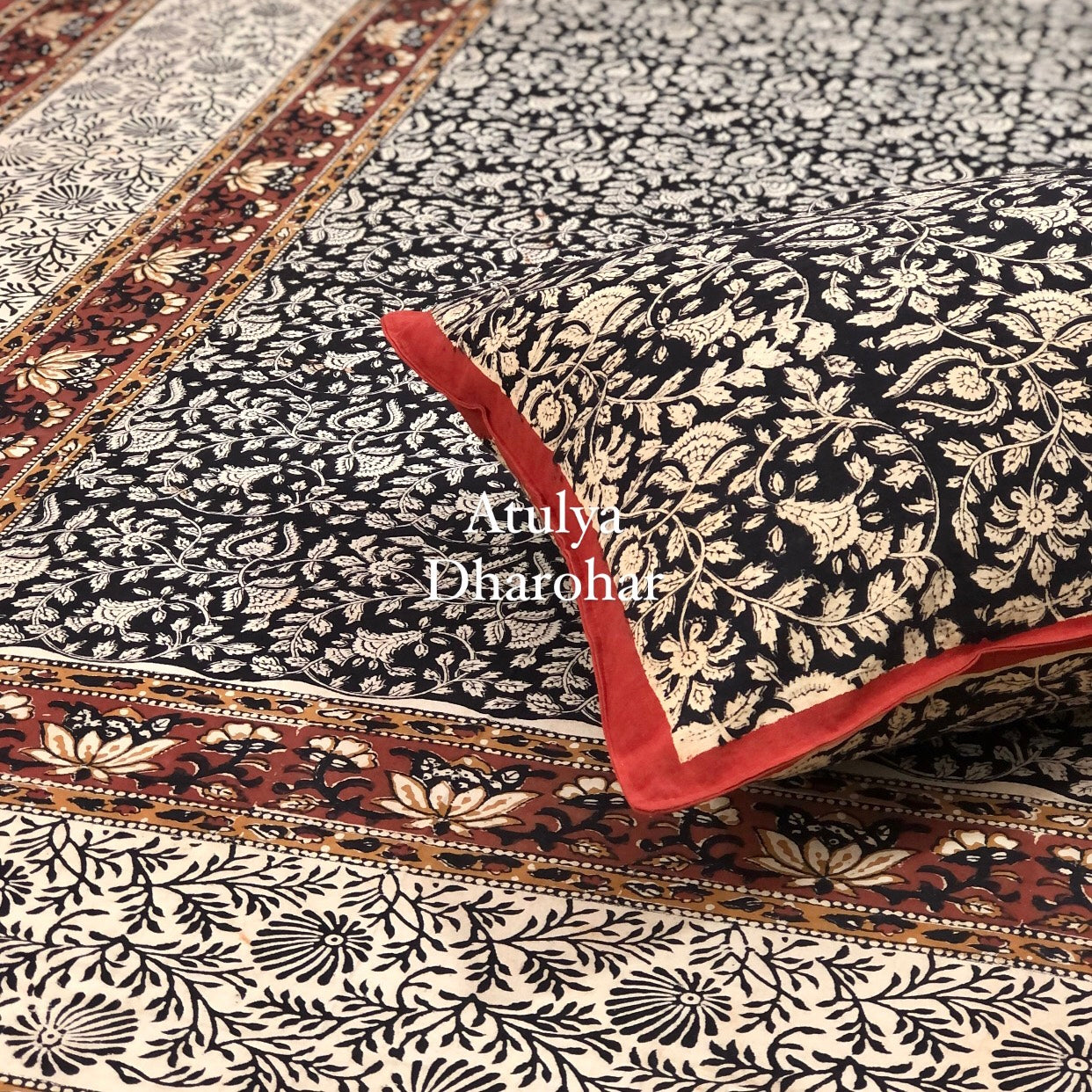 Black Kalamkari Hand Block Printed Single Bedsheet