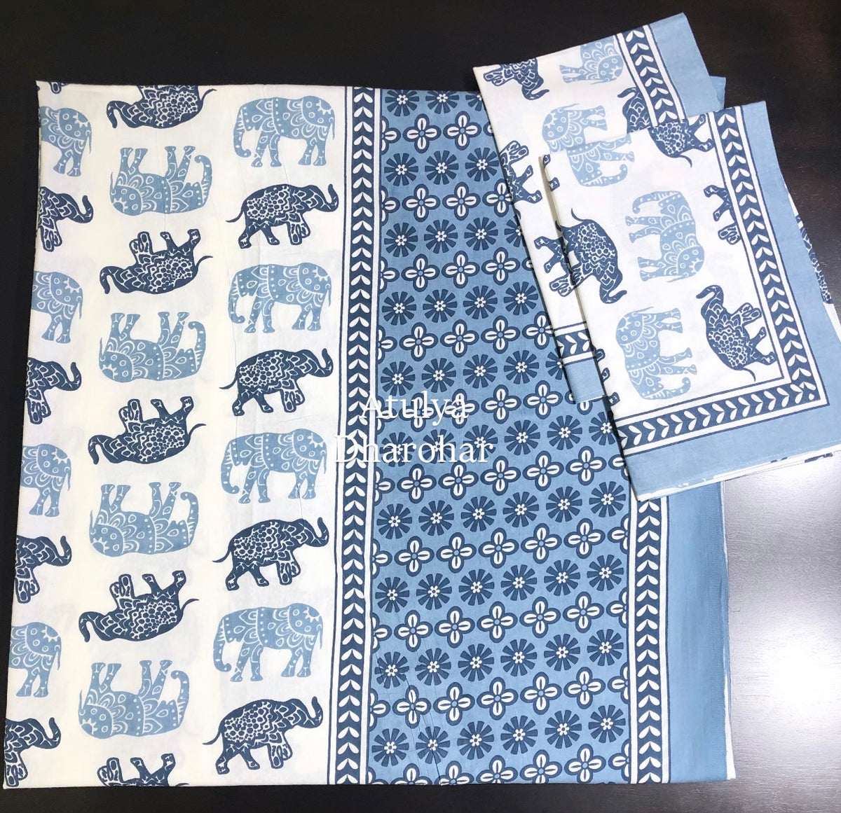 Blue Elephant Motifs Cotton Super King Bedsheet
