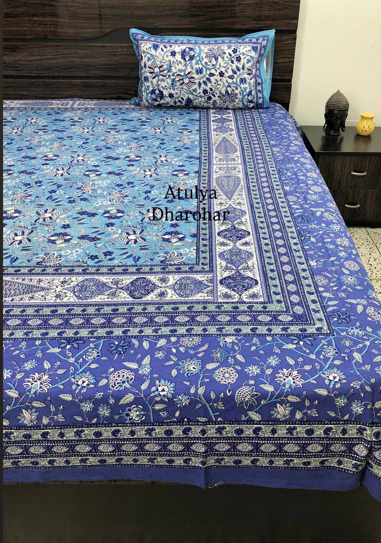 Blue Floral Jaal Cotton Super King Bedsheet