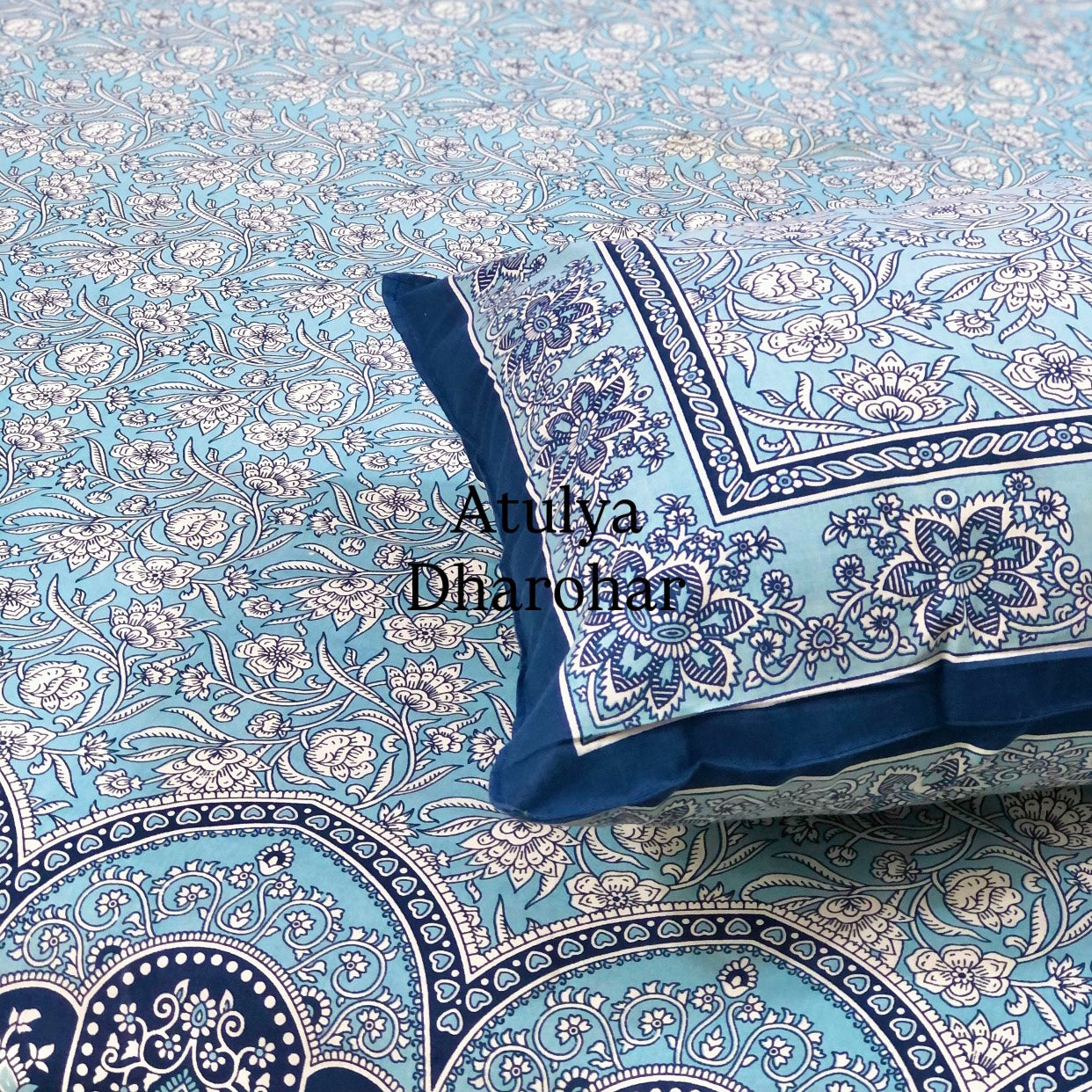 Blue Floral Jaal Cotton King Size Bedsheet