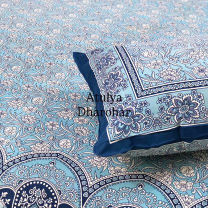 Blue Floral Jaal Cotton King Size Bedsheet