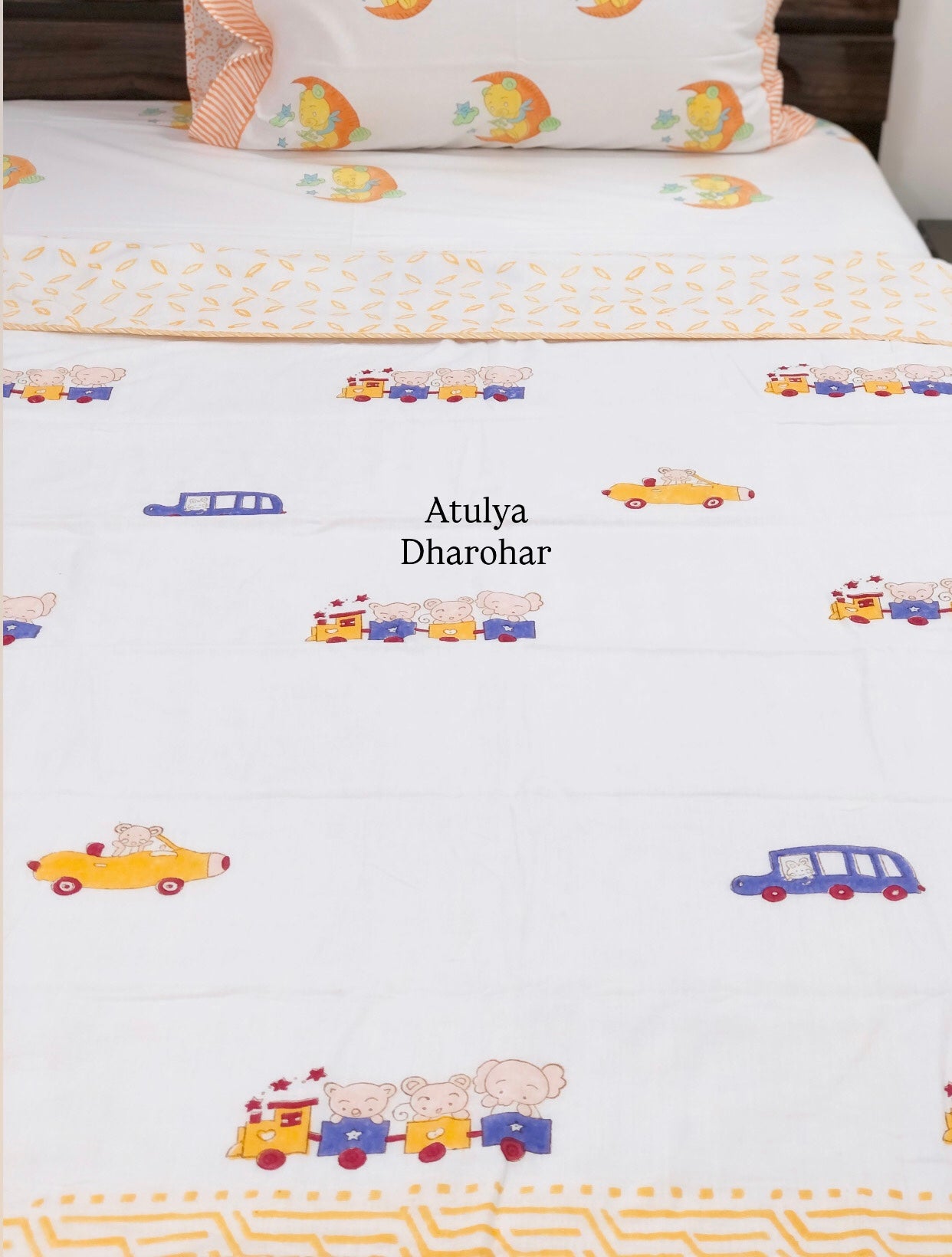 Playful Train and Car Ride Hand Block Printed Mulmul Baby Dohar