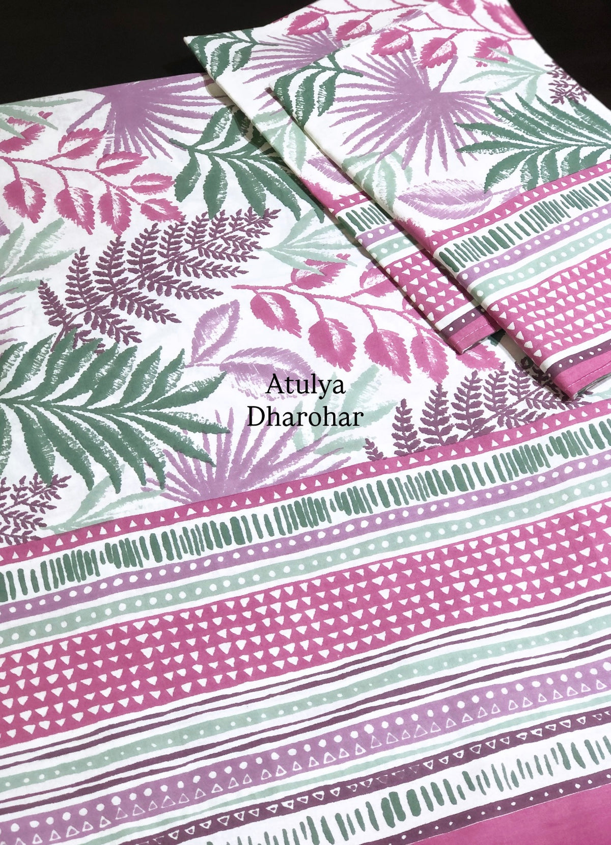 Purple and Green Leaves Cotton Super King Bedsheet