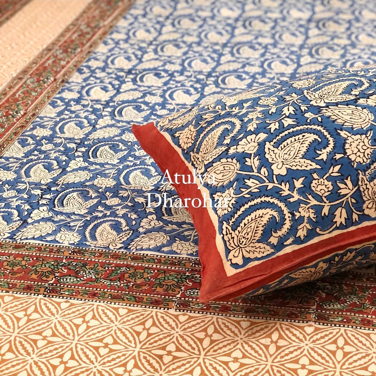 Indigo Kalamkari Hand Block Printed Single Bedsheet