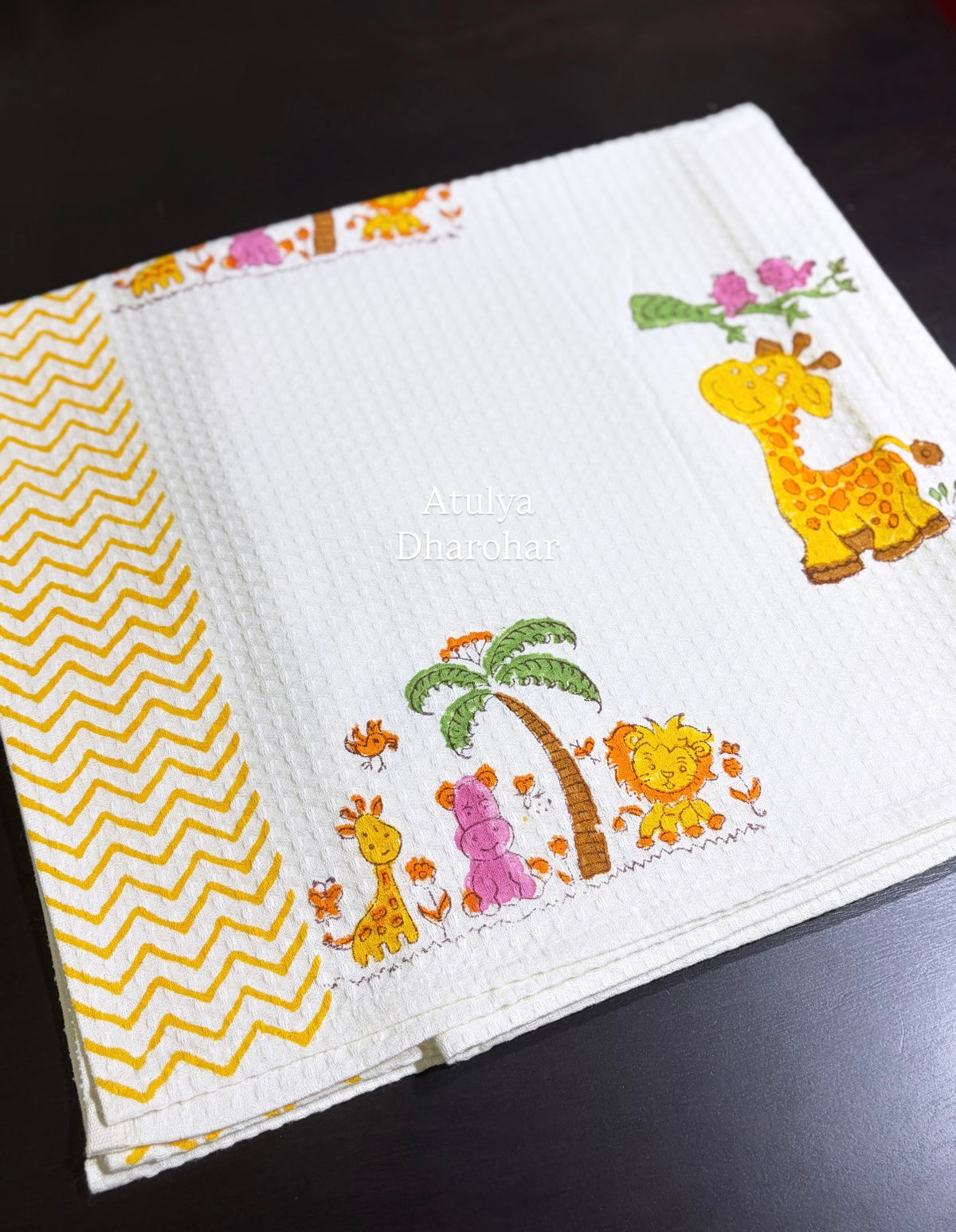 Jungle Theme Hand Block Printed Waffle Cotton Kids Towel