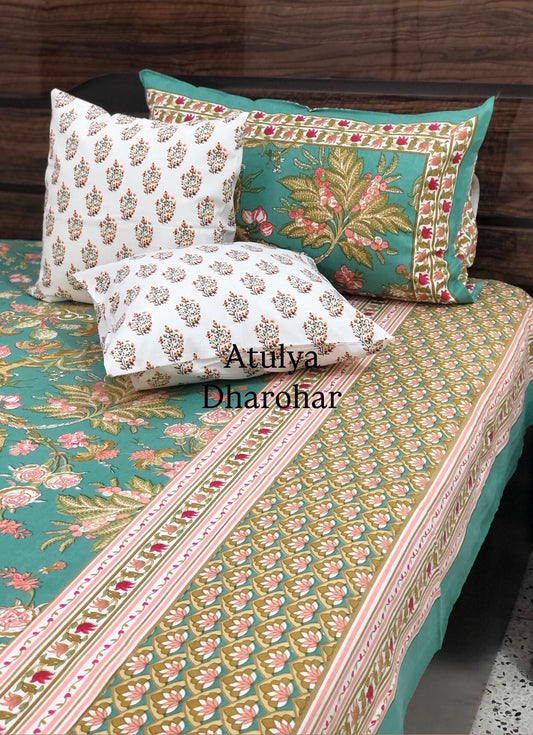 Turquoise and Pink Floral Jaal Cotton King Size Bedsheet