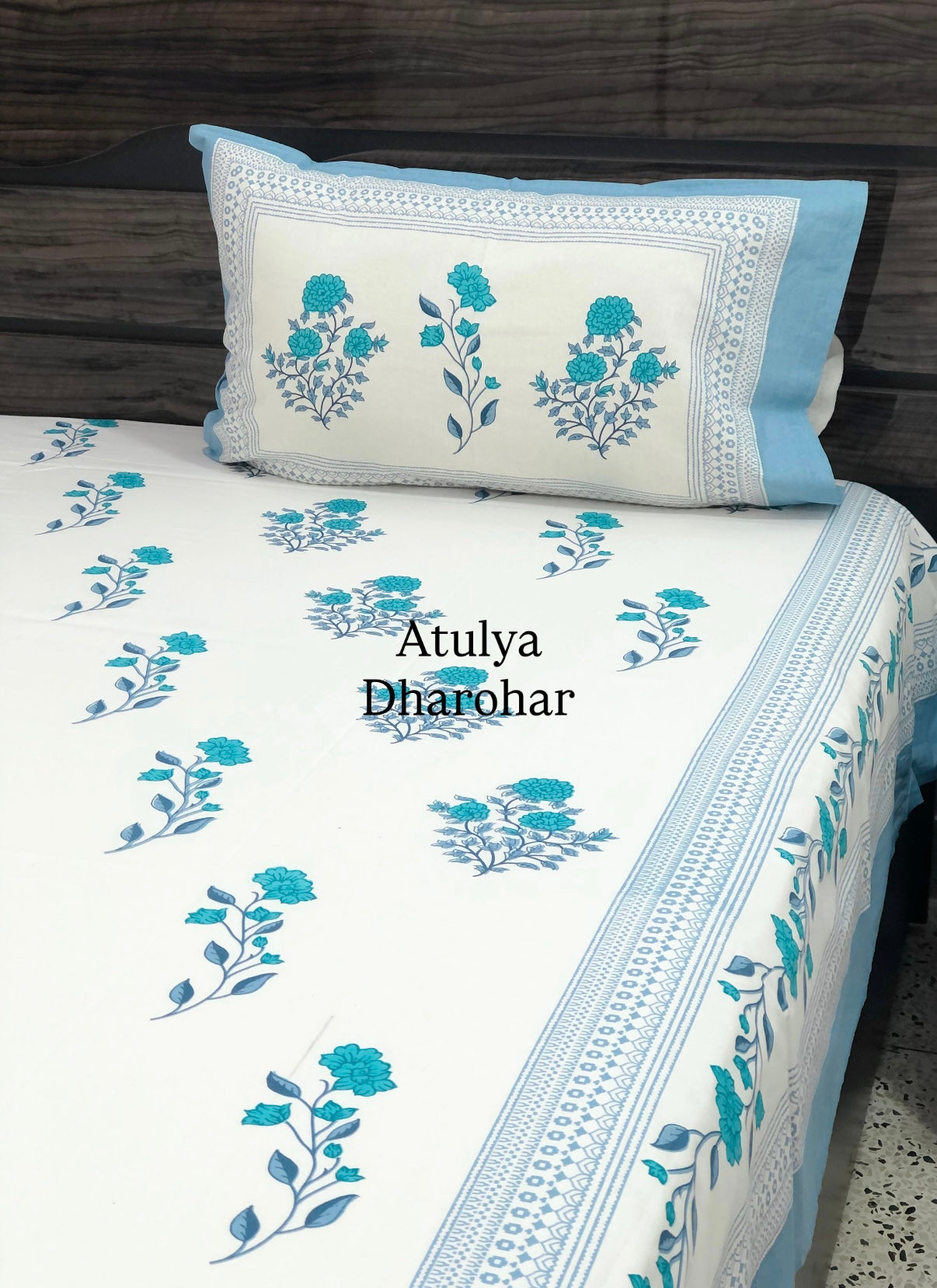 Blue Floral Motifs Cotton Super King Bedsheet