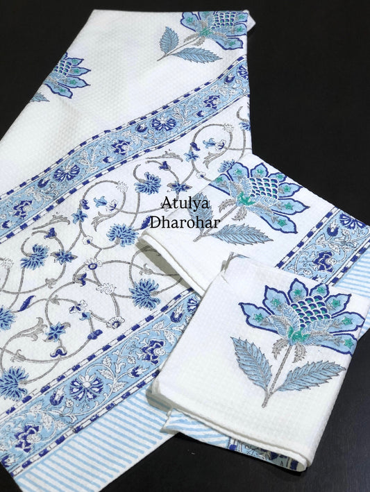 Blue Floral Hand Block Waffle Cotton Towel Set