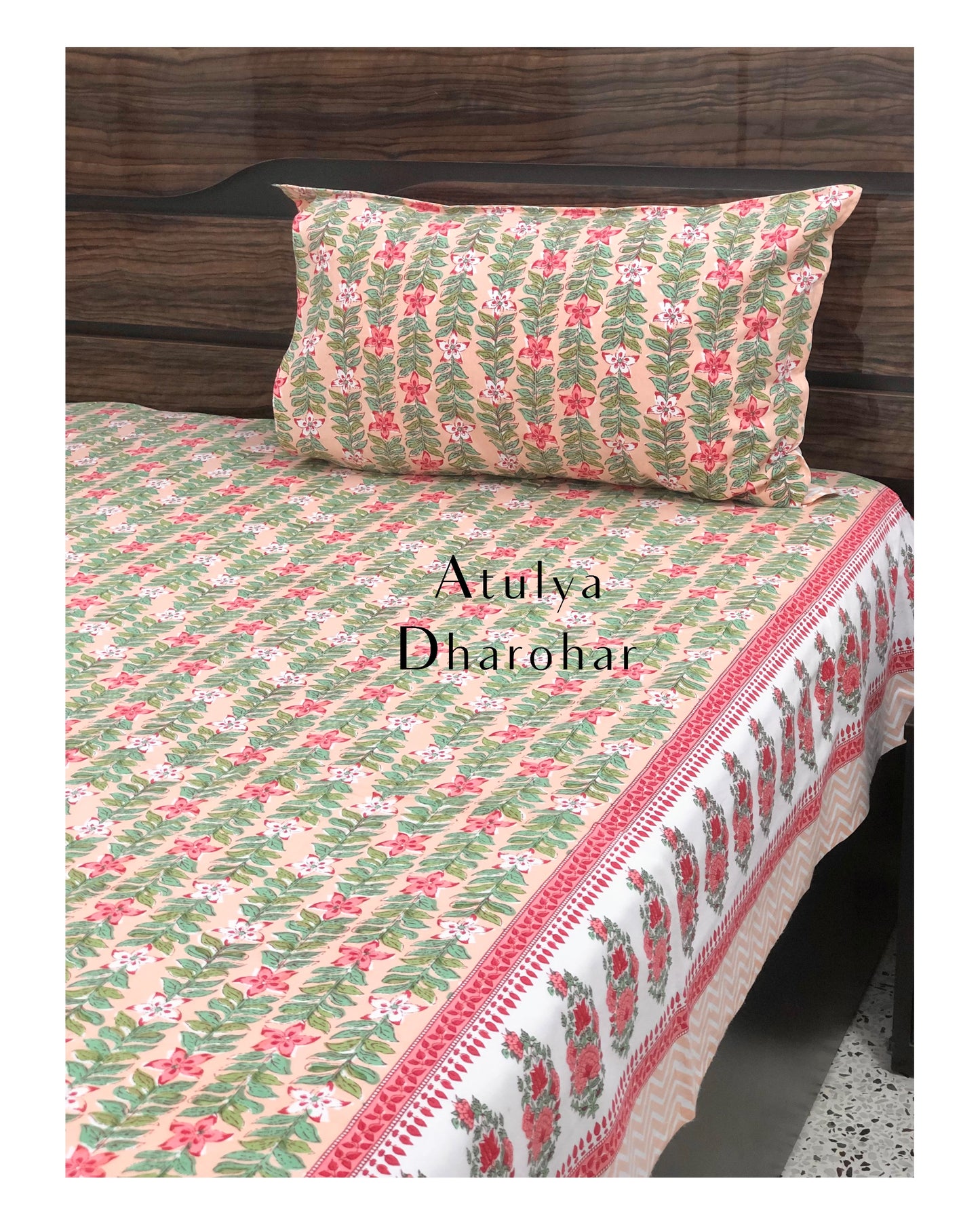 Pink and Green Floral Jaal Bedsheet