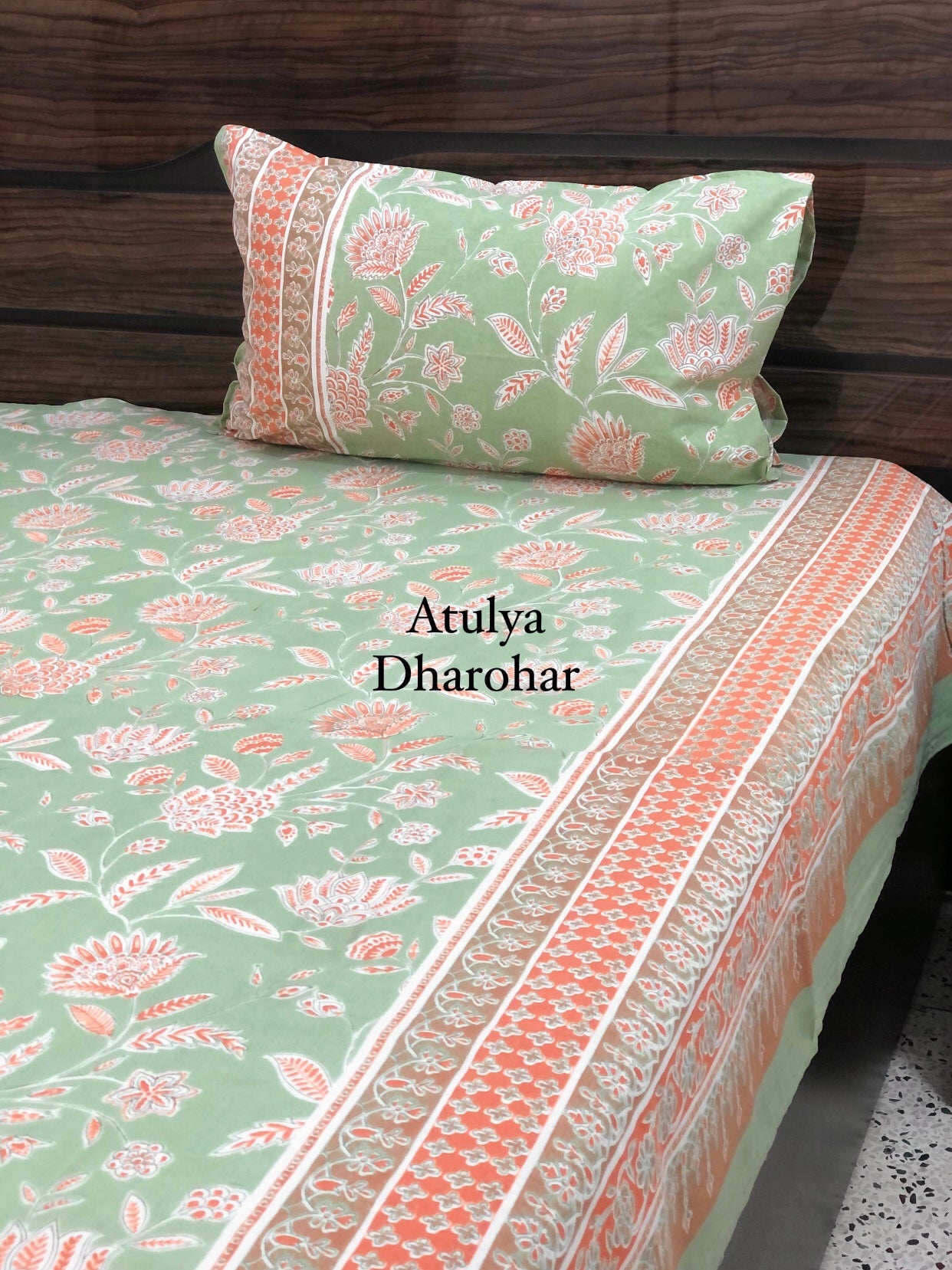 Green and Orange Floral Jaal Super King Bedsheet