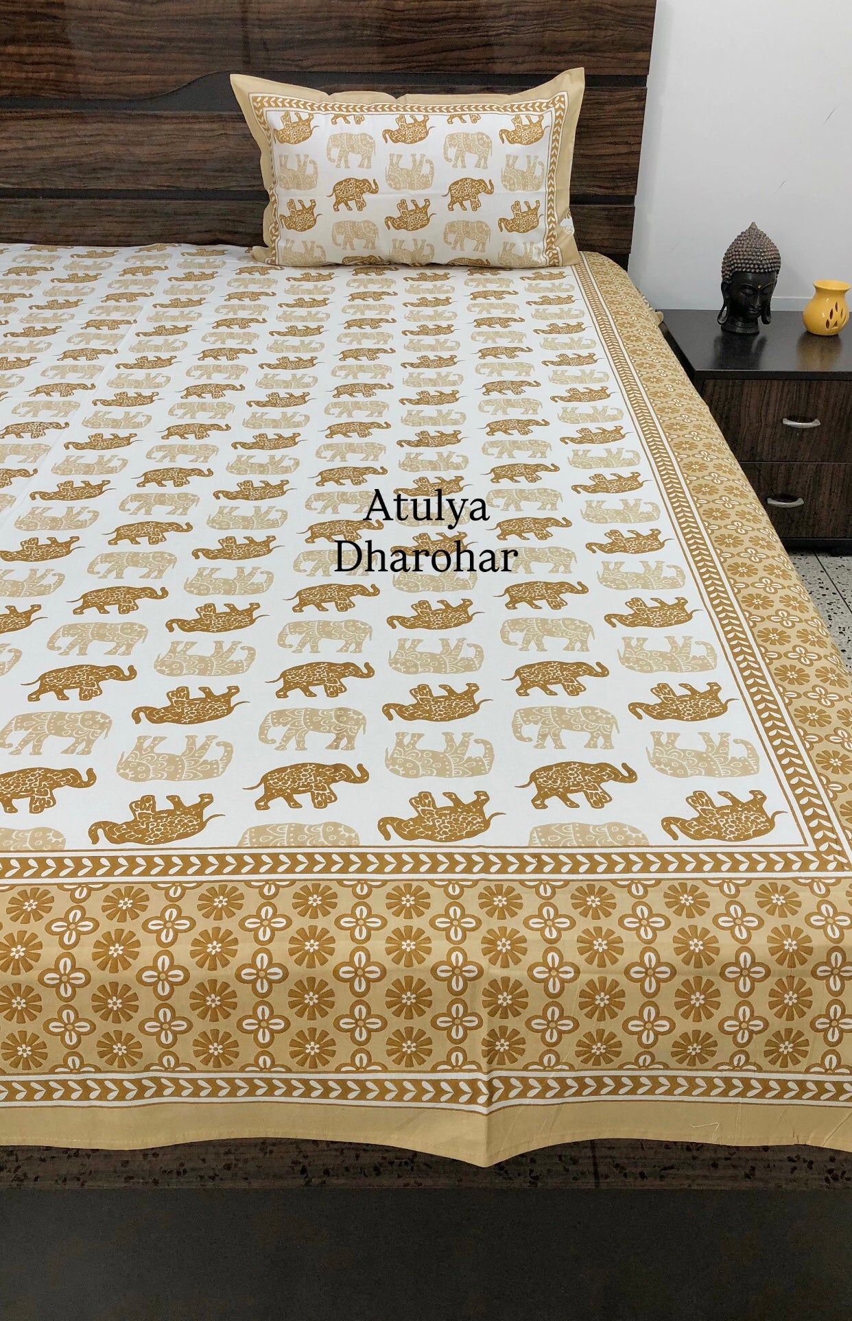 Golden Brown Elephant Motifs Cotton King Size Bedsheet