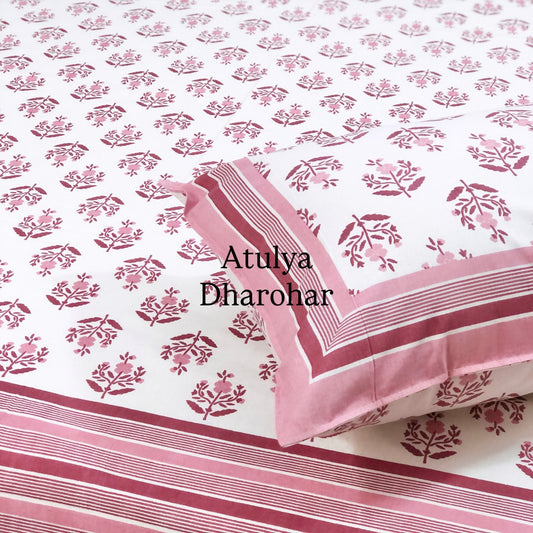 Pink Floral Motifs Cotton King Size Bedsheet