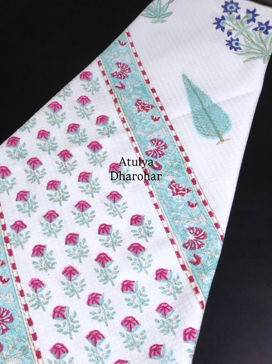 Multicolour Floral Motifs Hand Block Printed Waffle Cotton Towel