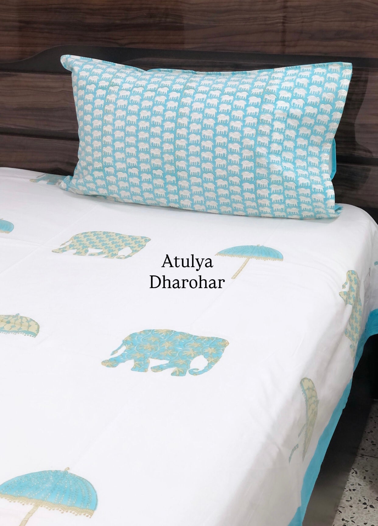 Elephant and Umbrella Motifs Cotton Hand Block Super King Bedsheet