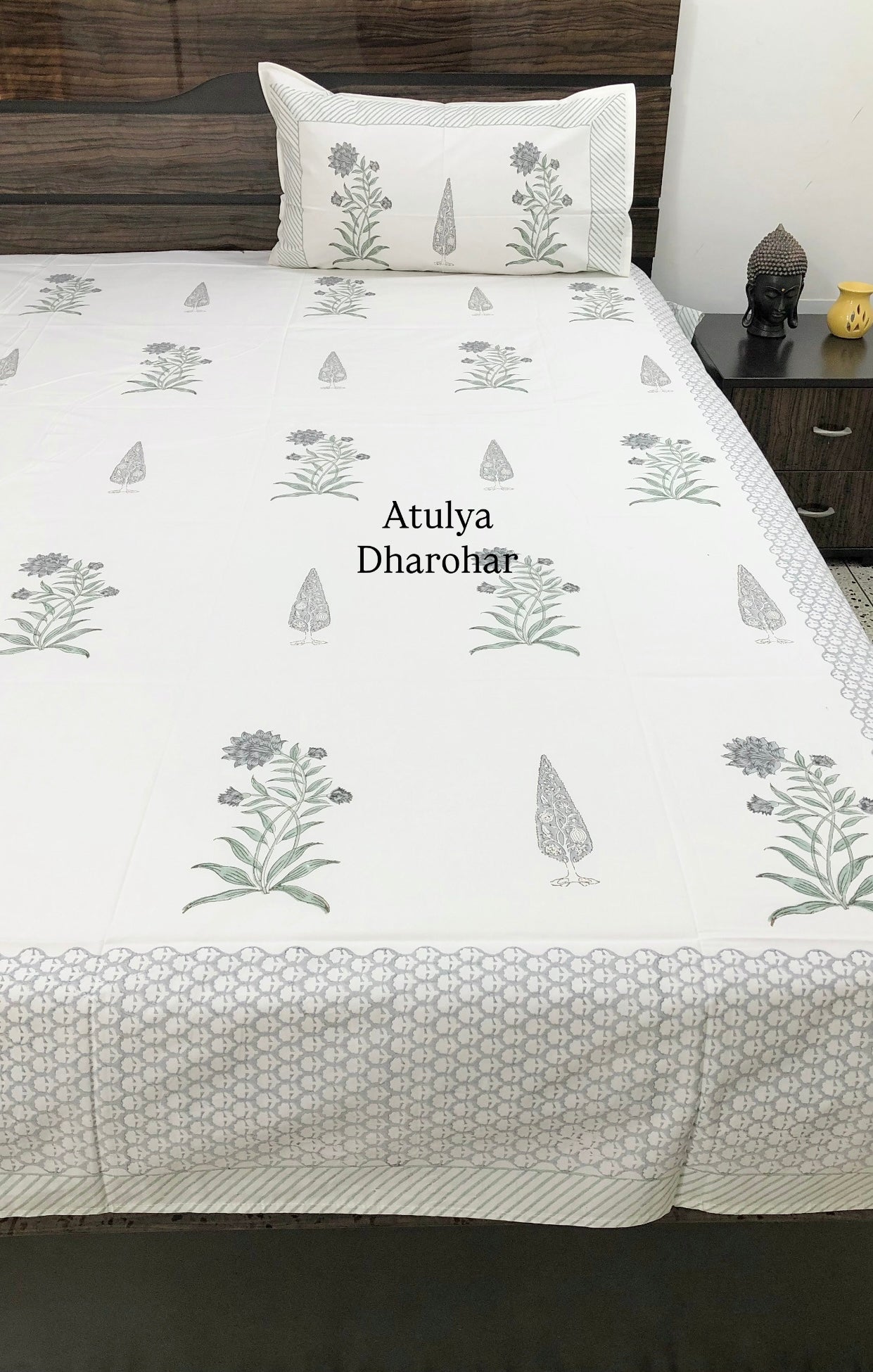 Grey and Green Floral Motifs Percale Cotton Hand Block Super King Bedsheet
