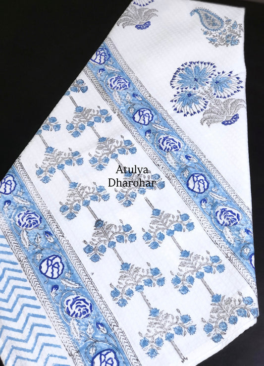 Blue and Grey Floral Motifs Hand Block Printed Waffle Cotton Towel