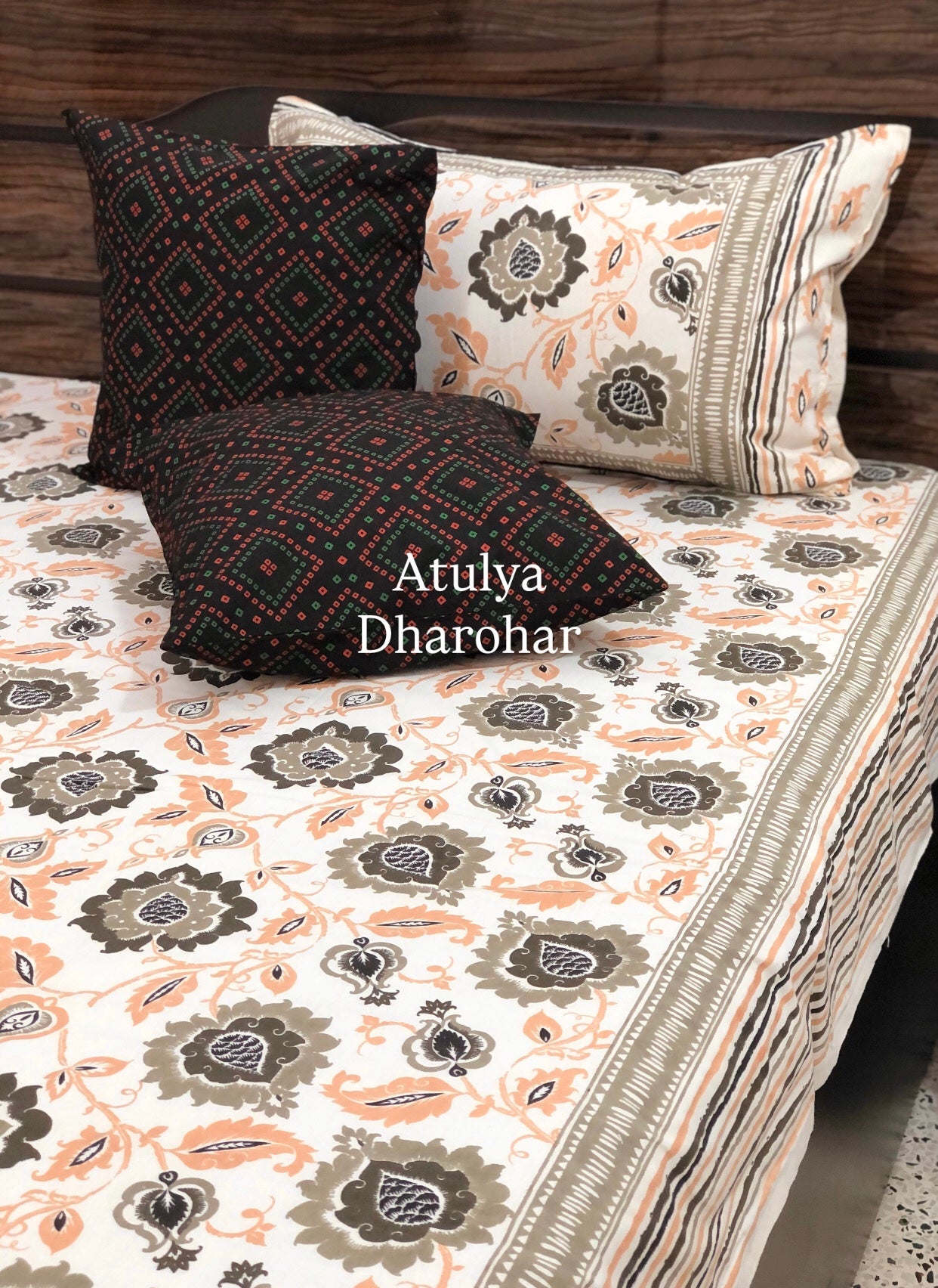 Peach and Grey Floral Jaal Cotton King Size Bedsheet