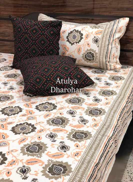 Peach and Grey Floral Jaal Cotton King Size Bedsheet