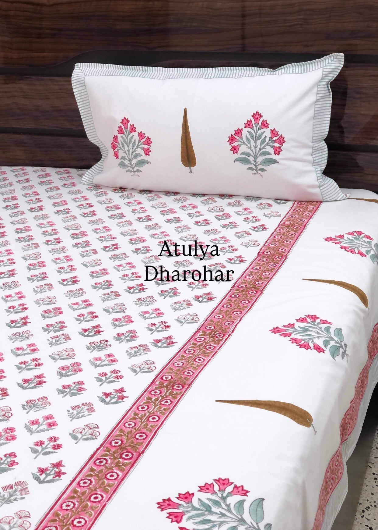 Pink Floral Motifs Hand Block Super King Cotton Bedsheet