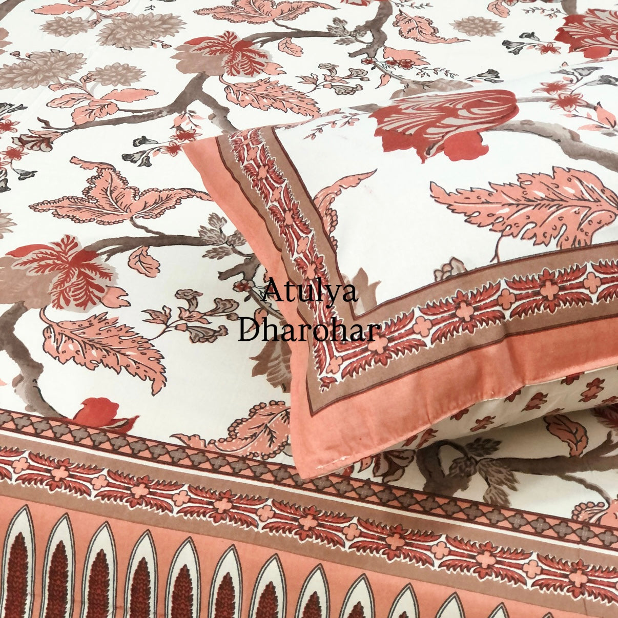 Orange Floral Jaal Cotton Super King Bedsheet