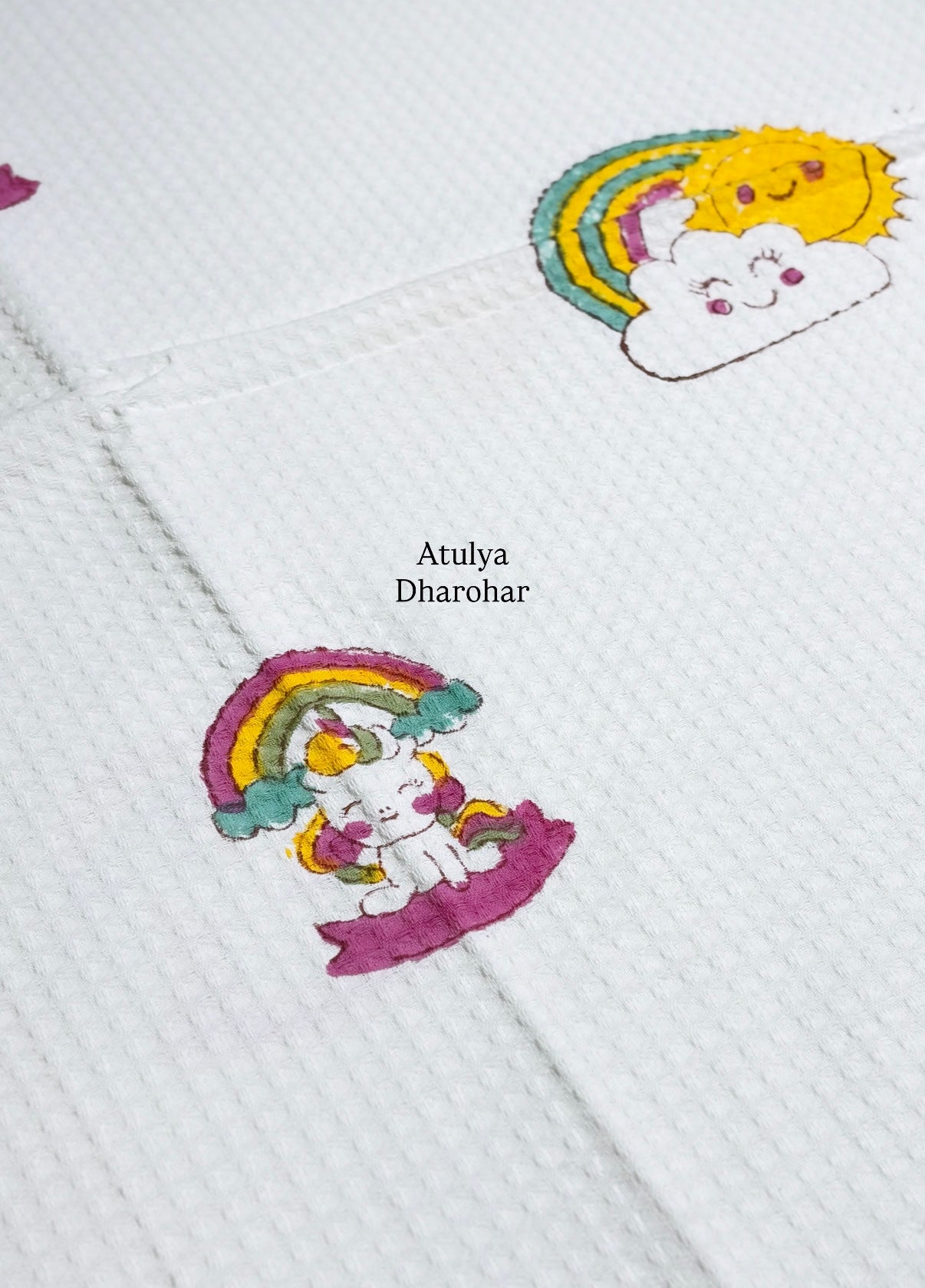 Unicorn and Rainbow Waffle Cotton Hand Block Printed Kids Towel