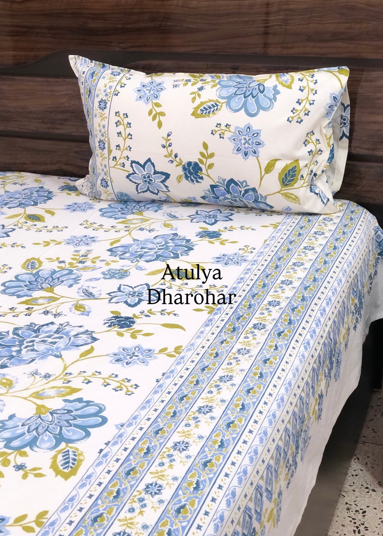 Blue and Green Floral Jaal Cotton Super King Bedsheet