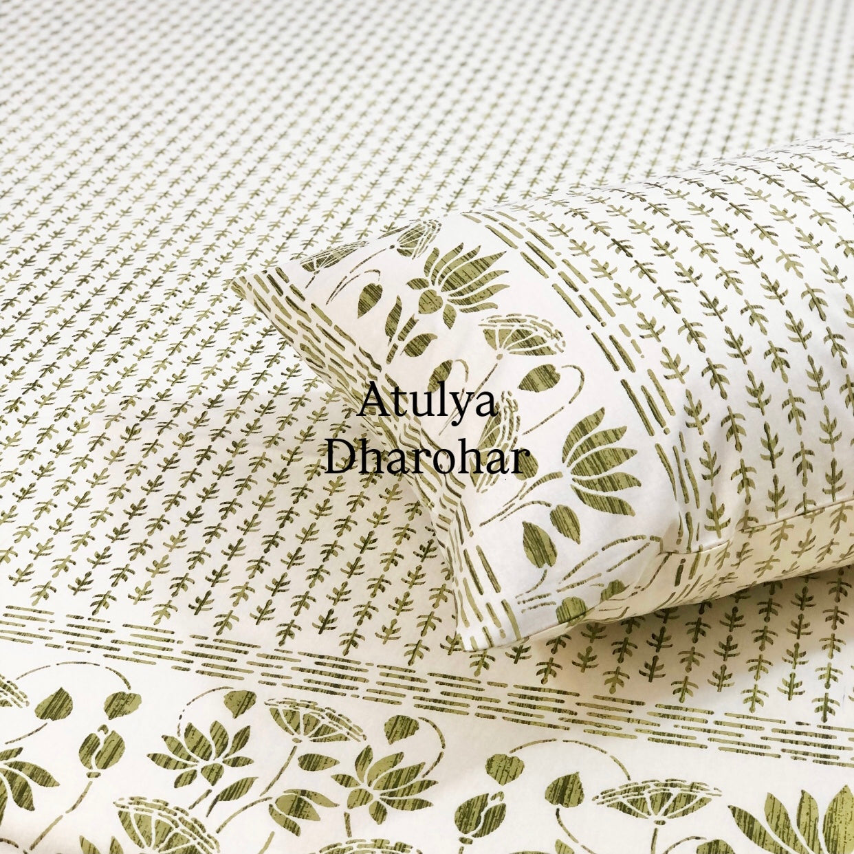 Green Lotus and Butti Cotton King Size Bedsheet
