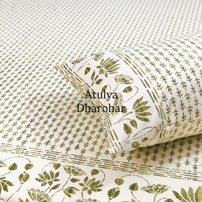 Green Lotus and Butti Cotton King Size Bedsheet
