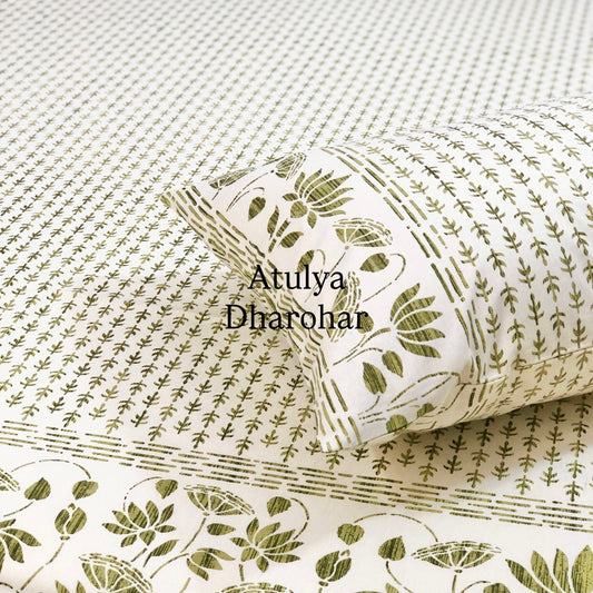 Green Lotus and Butti Cotton King Size Bedsheet