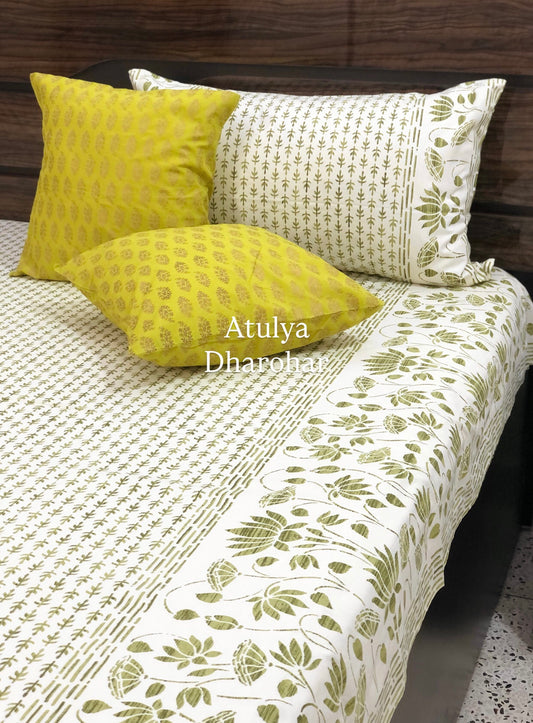 Green Lotus and Butti Cotton King Size Bedsheet