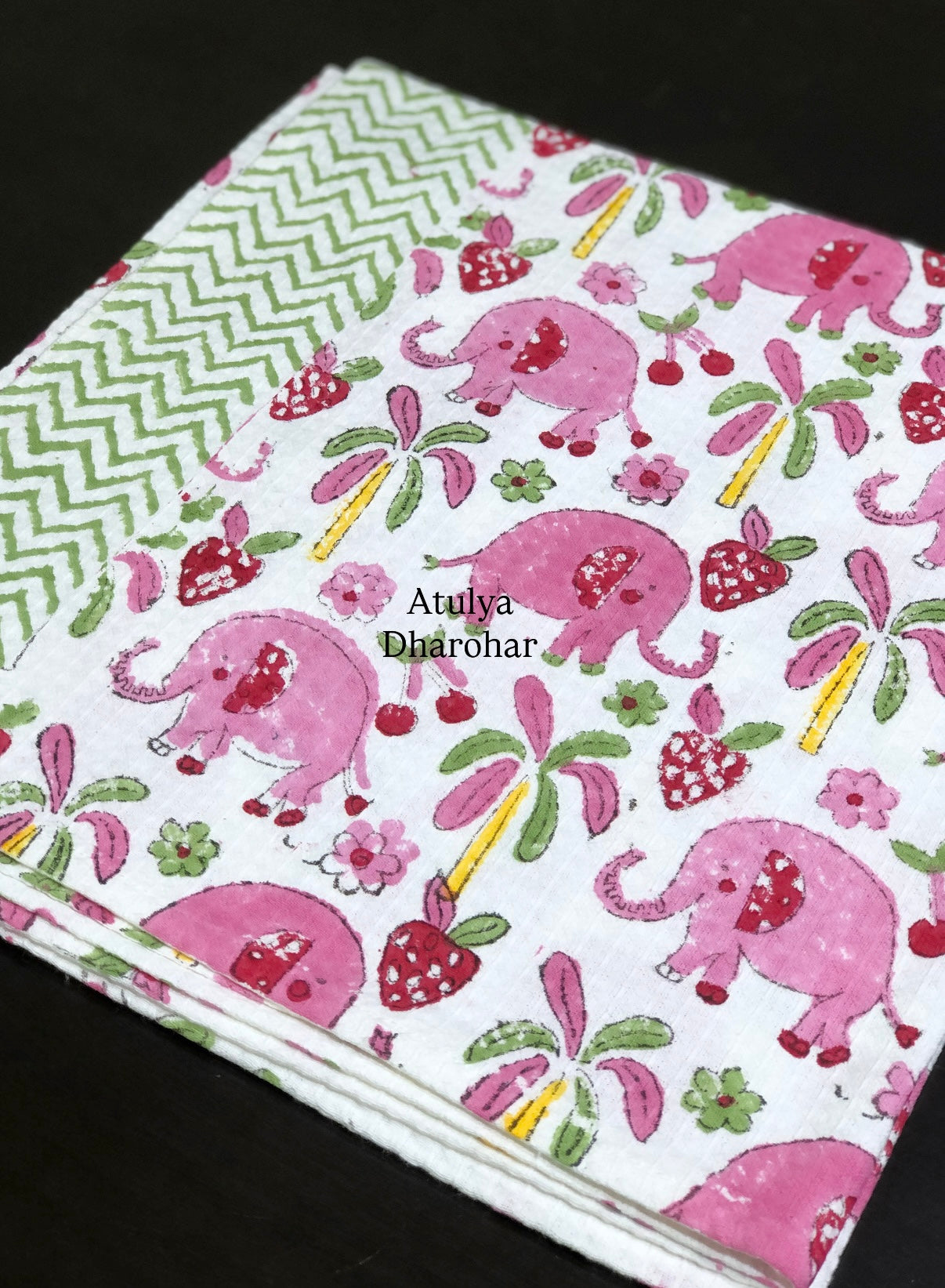 Pink Elephant Motifs Waffle Cotton Hand Block Printed Kids Towel