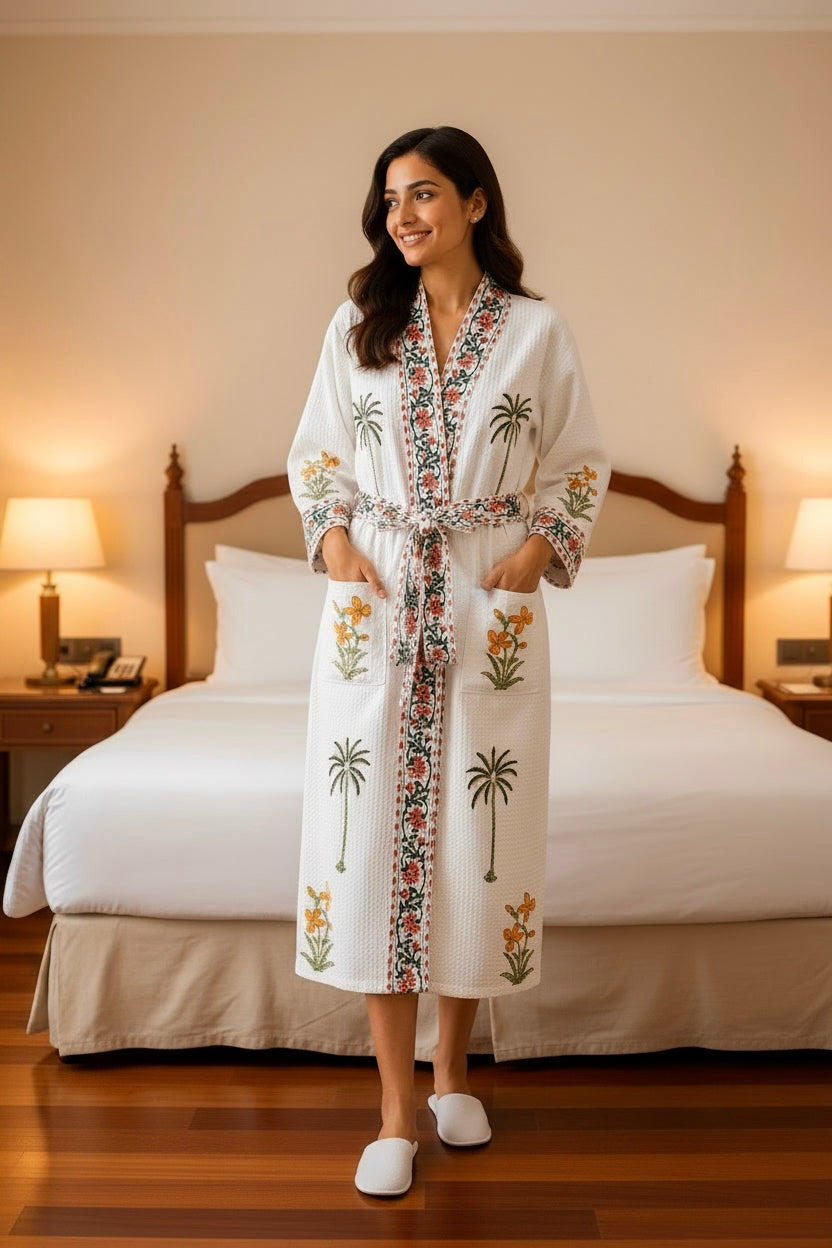 Orange Floral and Palm Tree Hand Block Printed Waffle Cotton Bathrobe